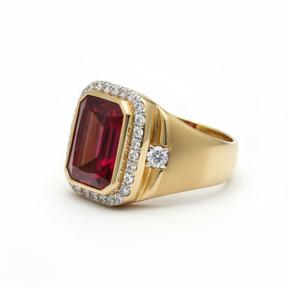 Ruby Lab Grown Ring 10K Yellow Gold Men's Statement Ring