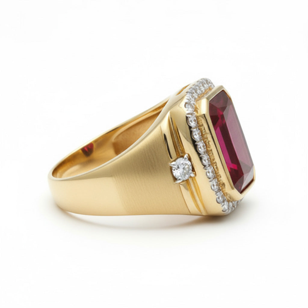 Ruby Lab Grown Ring 10K Yellow Gold Men's Statement Ring