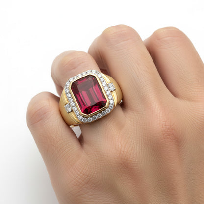 Ruby Lab Grown Ring 10K Yellow Gold Men's Statement Ring