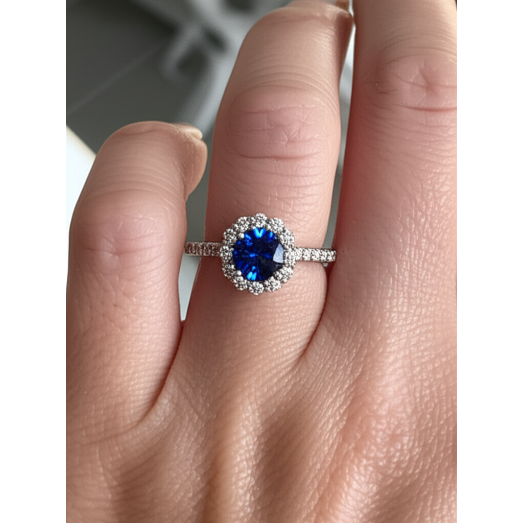 natural round sapphire 3.40ct ring on white background