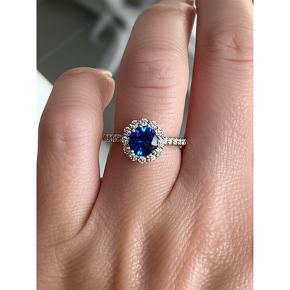 natural round sapphire 3.40ct ring on white background