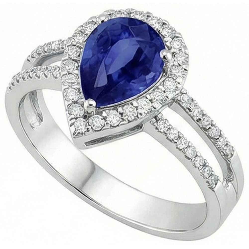 Sapphire And Natural Earth Mined Diamonds 2.75 Carats Ring Split Shank Gold White 14K