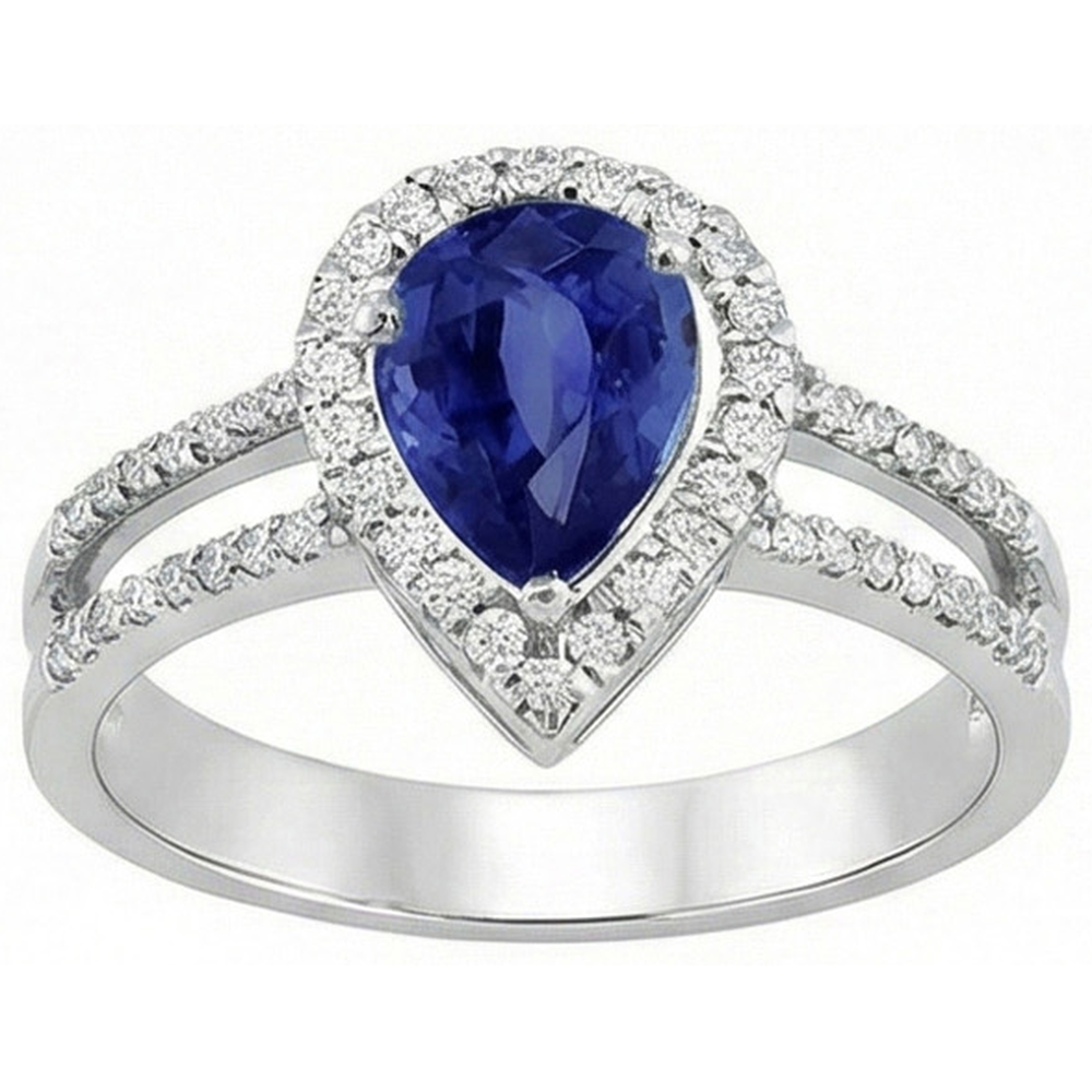 Sapphire And Natural Earth Mined Diamonds 2.75 Carats Ring Split Shank Gold White 14K