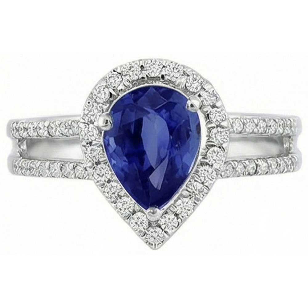 Sapphire And Natural Earth Mined Diamonds 2.75 Carats Ring Split Shank Gold White 14K