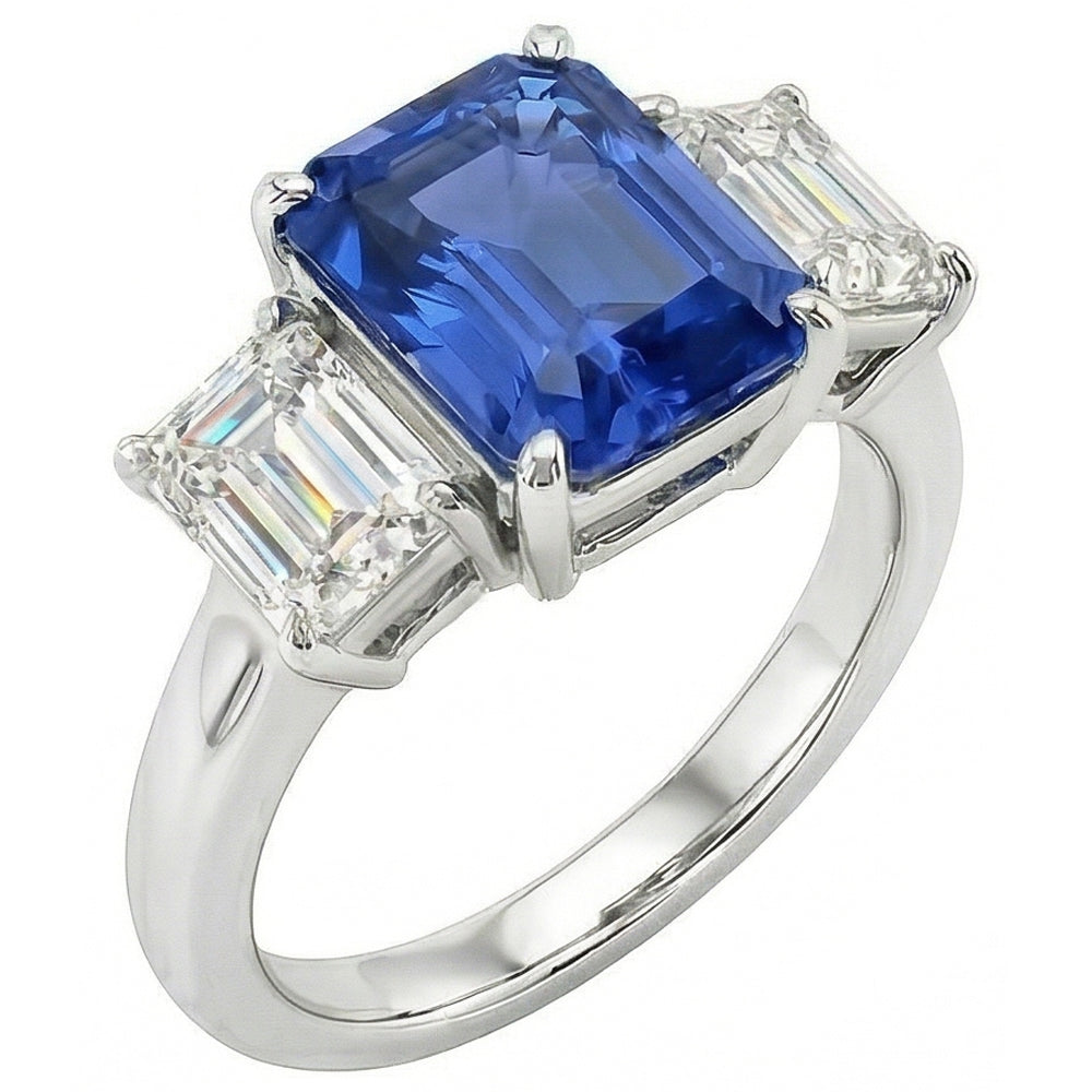 Sapphire Anniversary Ring Emerald Cut Natural Earth Mined Diamonds 3 Stone 2.50 Carats