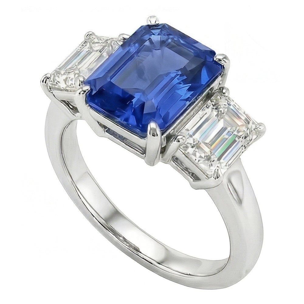 Sapphire Anniversary Ring Emerald Cut Natural Earth Mined Diamonds 3 Stone 2.50 Carats