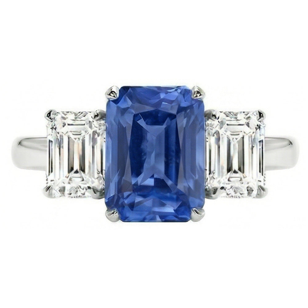 Sapphire Anniversary Ring Emerald Cut Natural Earth Mined Diamonds 3 Stone 2.50 Carats