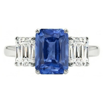Sapphire Anniversary Ring Emerald Cut Natural Earth Mined Diamonds 3 Stone 2.50 Carats