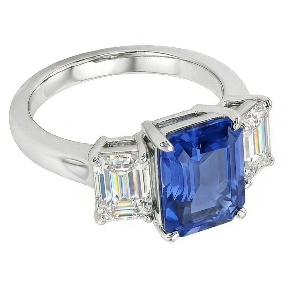 Sapphire Anniversary Ring Emerald Cut Natural Earth Mined Diamonds 3 Stone 2.50 Carats