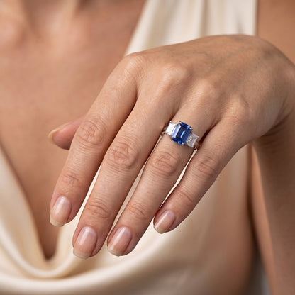 Sapphire Anniversary Ring Emerald Cut Natural Earth Mined Diamonds 3 Stone 2.50 Carats