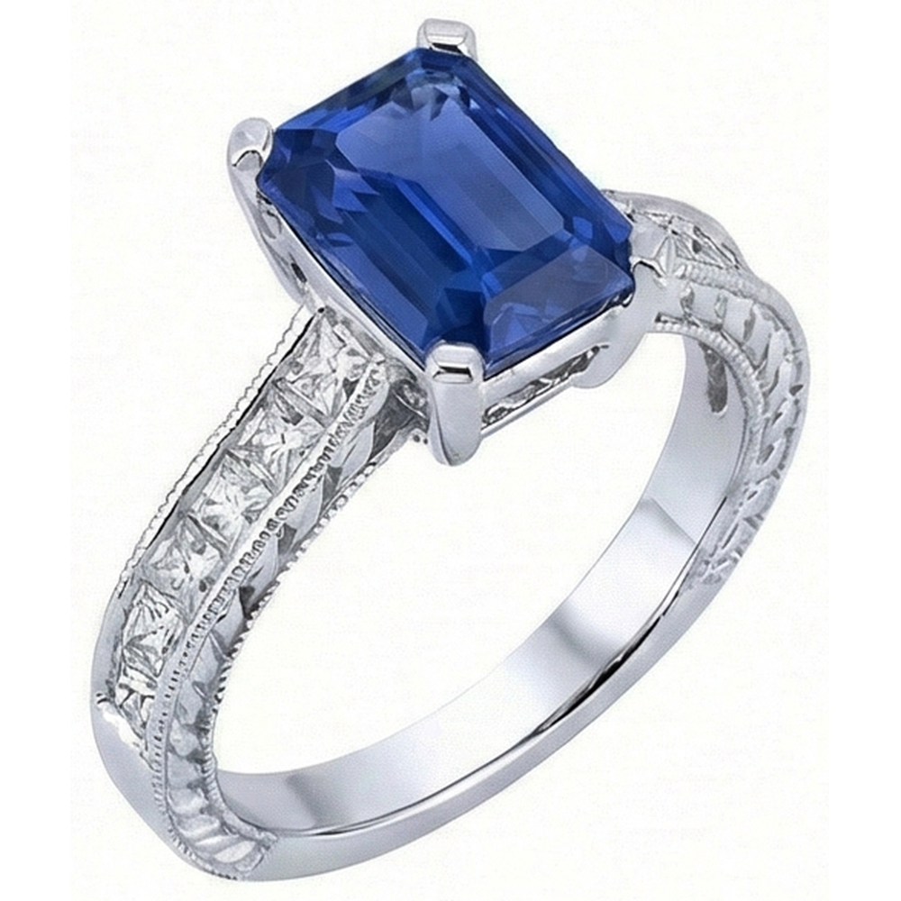 Sapphire Engagement Ring With Princess Natural Earth Mined Diamond Accents 3.50 Carats