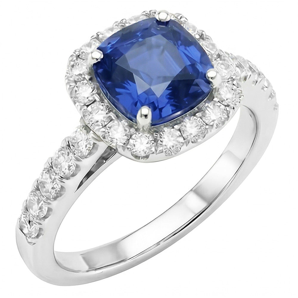 Sapphire Halo Engagement Ring 3.50 Carats Cushion & Round Natural Earth Mined Diamonds