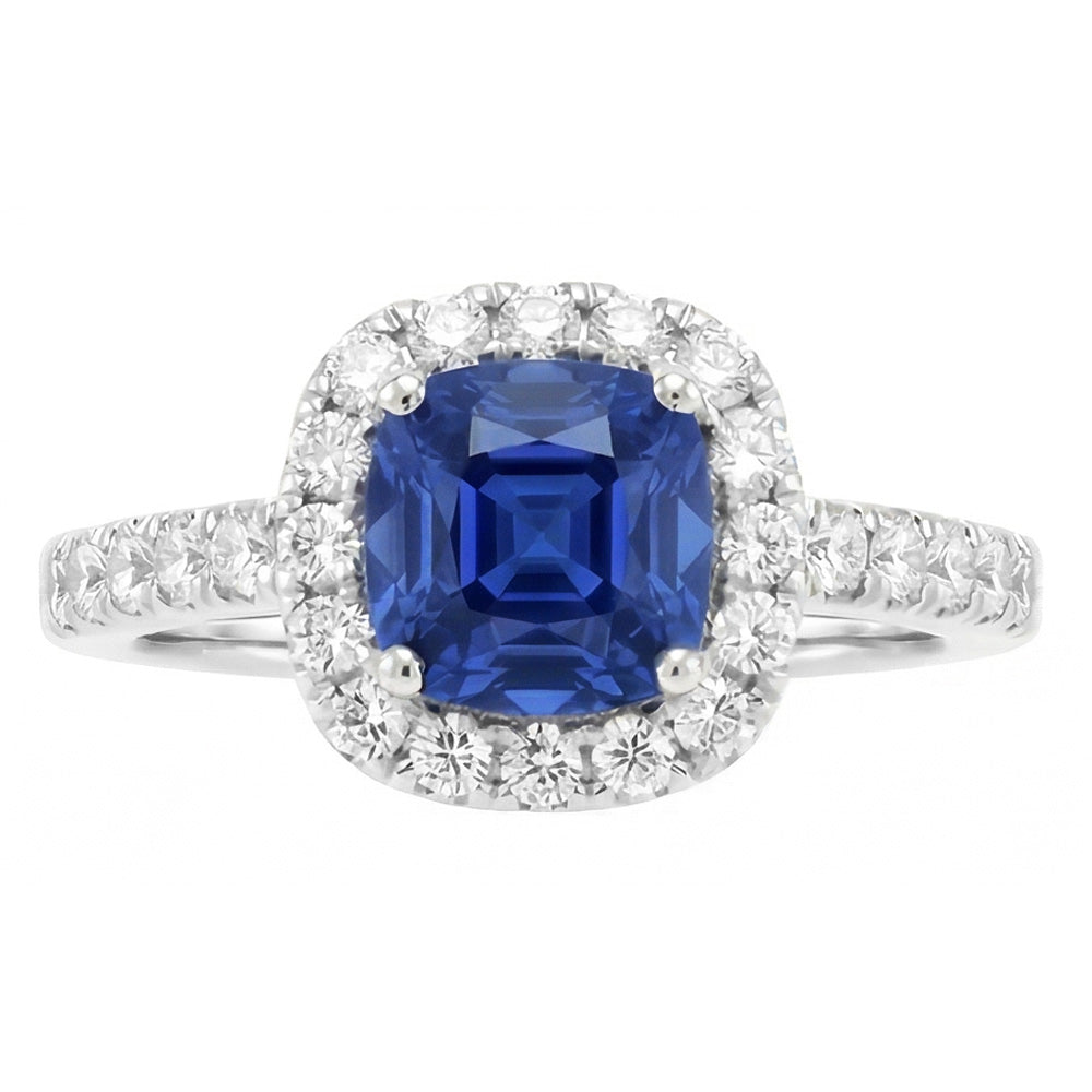 Sapphire Halo Engagement Ring 3.50 Carats Cushion & Round Natural Earth Mined Diamonds