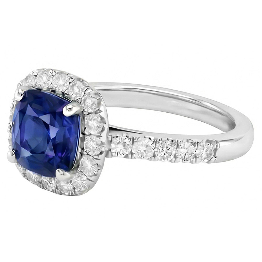 Sapphire Halo Engagement Ring 3.50 Carats Cushion & Round Natural Earth Mined Diamonds