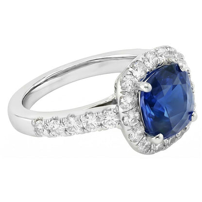 Sapphire Halo Engagement Ring 3.50 Carats Cushion & Round Natural Earth Mined Diamonds