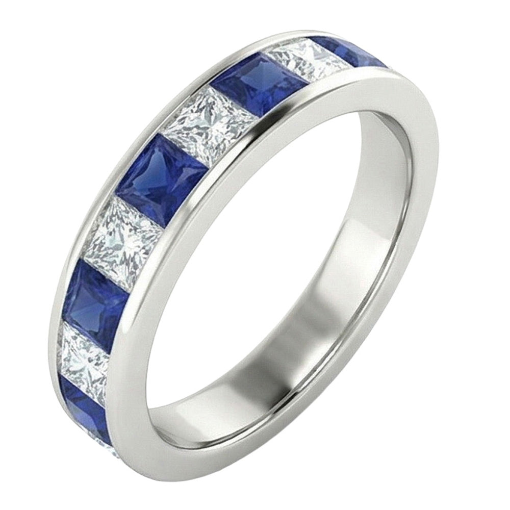 Sapphire & Natural Earth Mined Diamond Princess Eternity Band 1 Carat White Gold