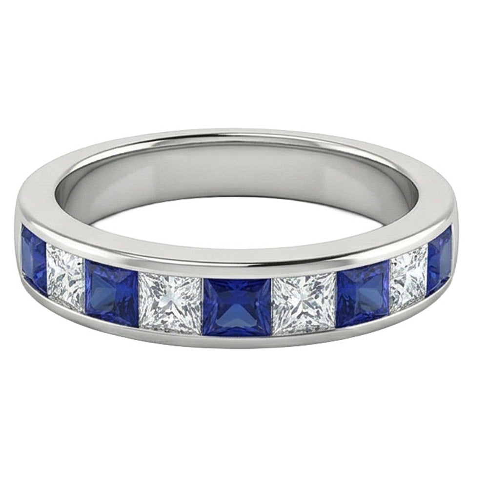 Sapphire & Natural Earth Mined Diamond Princess Eternity Band 1 Carat White Gold
