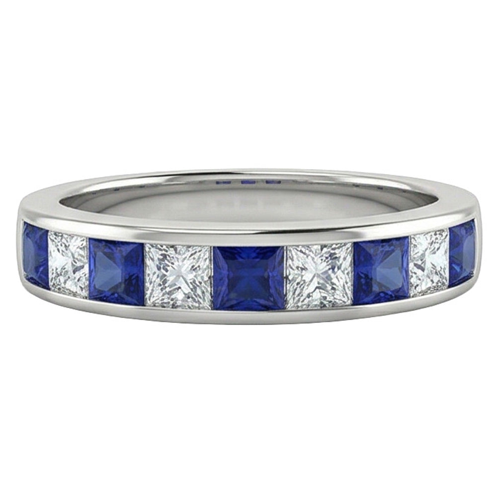 Sapphire & Natural Earth Mined Diamond Princess Eternity Band 1 Carat White Gold