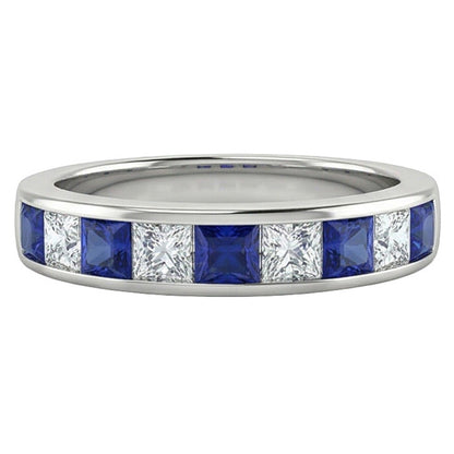 Sapphire & Natural Earth Mined Diamond Princess Eternity Band 1 Carat White Gold