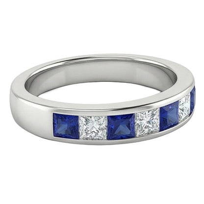 Sapphire & Natural Earth Mined Diamond Princess Eternity Band 1 Carat White Gold