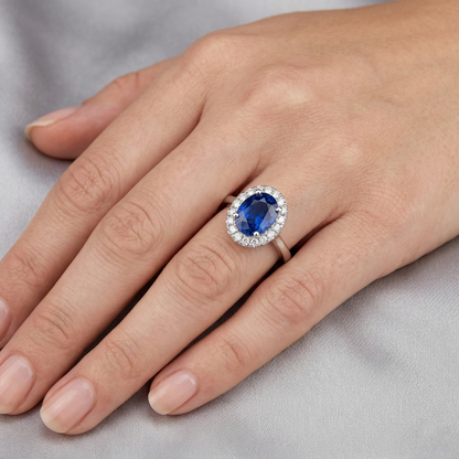 Sapphire And Natural Earth Mined Diamonds 5 Carats Halo Ring White Gold 14K