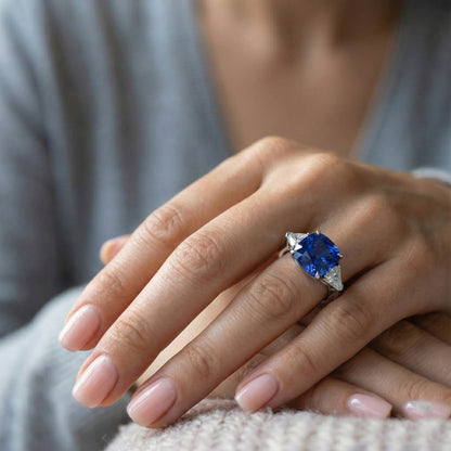 Sapphire 3 Stone Ring With Trillion Natural Earth Mined Diamonds