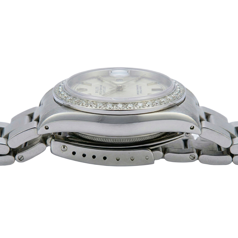 Silver Stick Dial Diamond Bezel Ladies Watch Rolex Date Bracelet