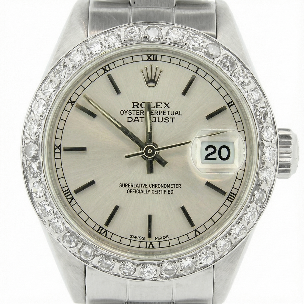 Silver Stick Dial Diamond Bezel Ladies Watch Rolex Date Bracelet