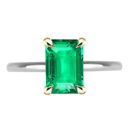 Simple Solitaire Green Emerald Ring Thin Shank
