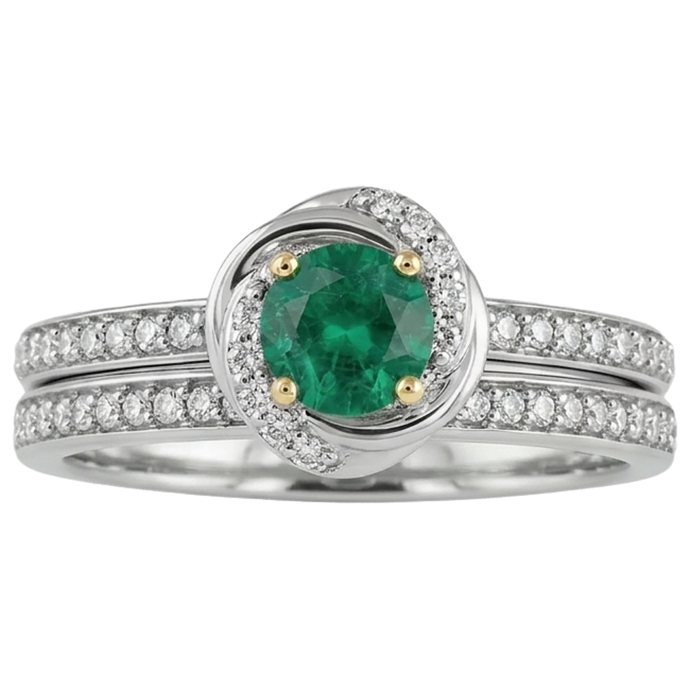 Small Gemstone Wedding Ring Set Green Emerald GIA Round Natural Real Diamond ( Not Lab Grown )s