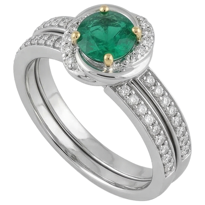 Small Gemstone Wedding Ring Set Green Emerald GIA Round Natural Real Diamond ( Not Lab Grown )s