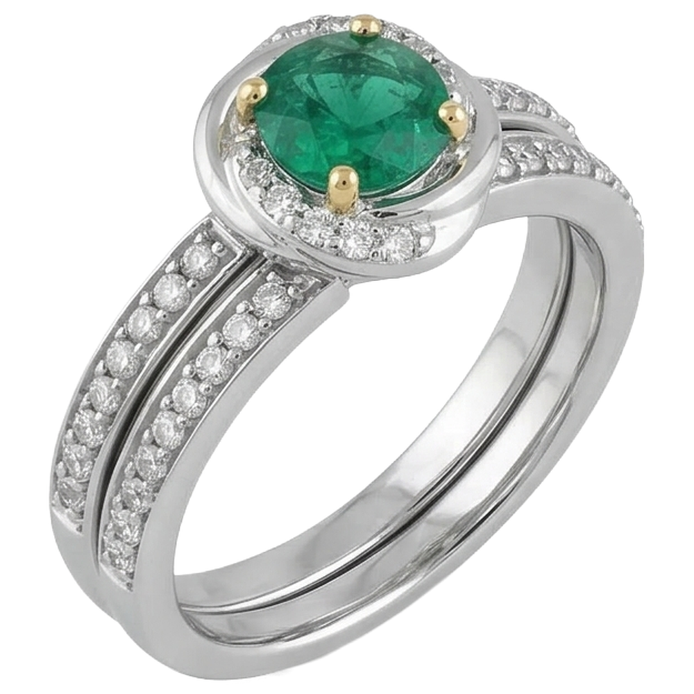 Small Gemstone Wedding Ring Set Green Emerald GIA Round Natural Real Diamond ( Not Lab Grown )s
