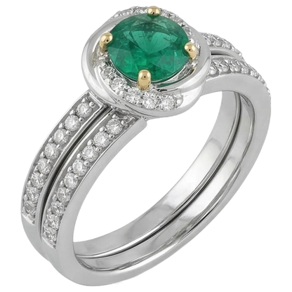 Small Gemstone Wedding Ring Set Green Emerald GIA Round Natural Real Diamond ( Not Lab Grown )s