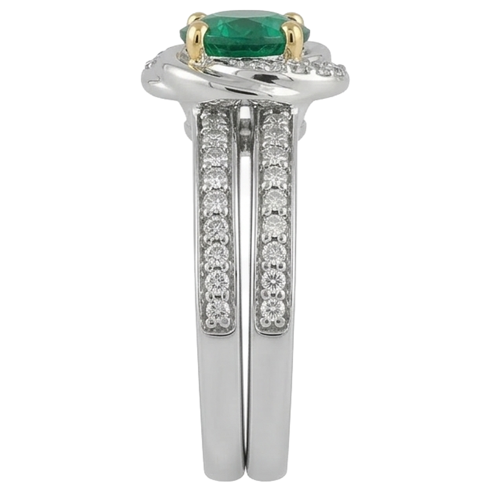 Small Gemstone Wedding Ring Set Green Emerald GIA Round Natural Real Diamond ( Not Lab Grown )s