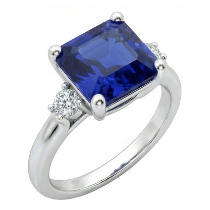 Small Round Natural Earth Mined Diamond 3 Stone Blue Sapphire Ring Asscher Cut 2.75 Carats