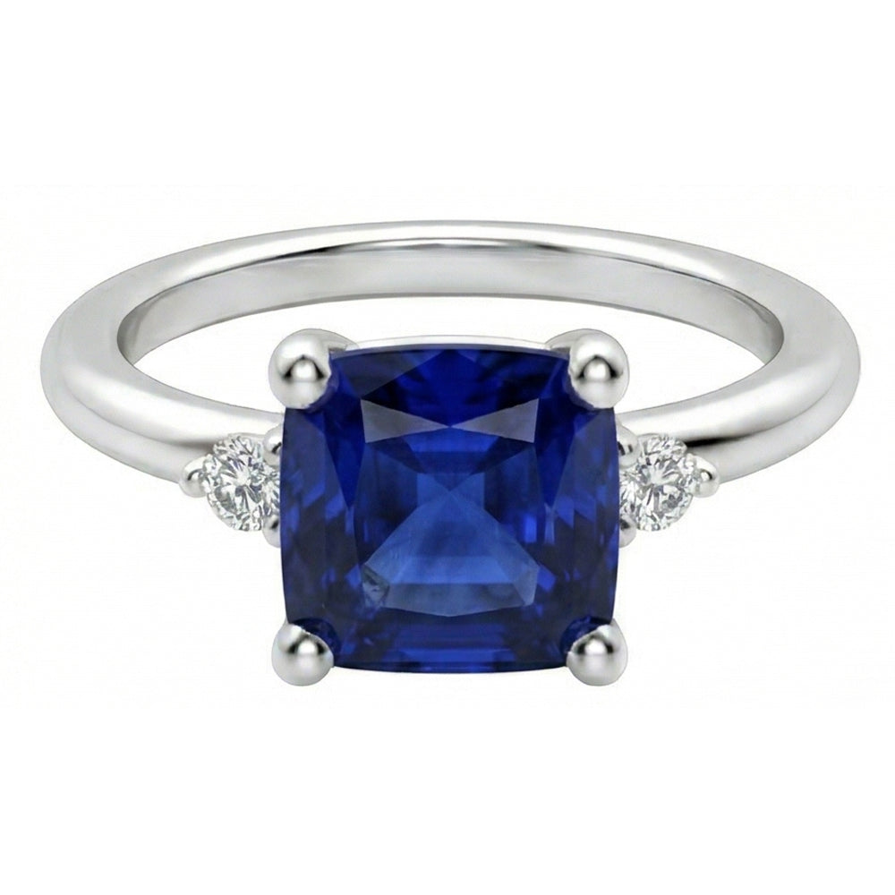 Small Round Natural Earth Mined Diamond 3 Stone Blue Sapphire Ring Asscher Cut 2.75 Carats