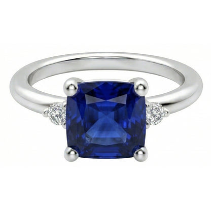 Small Round Natural Earth Mined Diamond 3 Stone Blue Sapphire Ring Asscher Cut 2.75 Carats