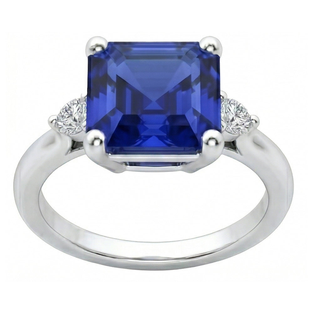 Small Round Natural Earth Mined Diamond 3 Stone Blue Sapphire Ring Asscher Cut 2.75 Carats