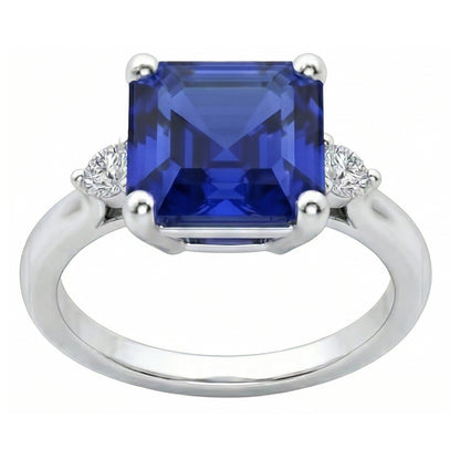 Small Round Natural Earth Mined Diamond 3 Stone Blue Sapphire Ring Asscher Cut 2.75 Carats