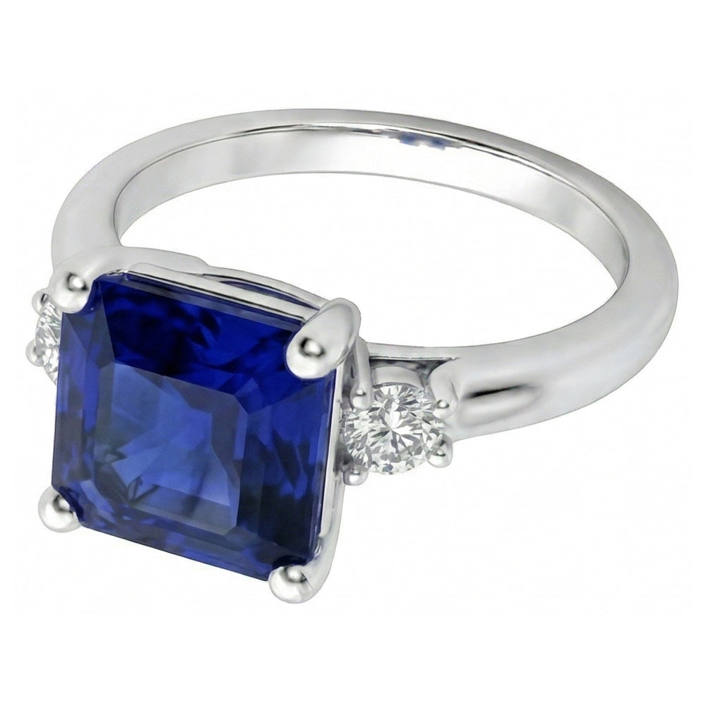 Small Round Natural Earth Mined Diamond 3 Stone Blue Sapphire Ring Asscher Cut 2.75 Carats