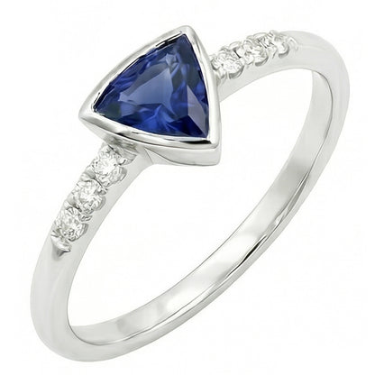 Small Round Natural Earth Mined Diamond Ring Trillion Bezel Set Blue Sapphire 0.75 Carats