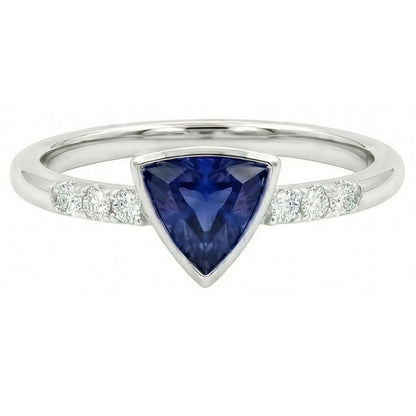 Small Round Natural Earth Mined Diamond Ring Trillion Bezel Set Blue Sapphire 0.75 Carats
