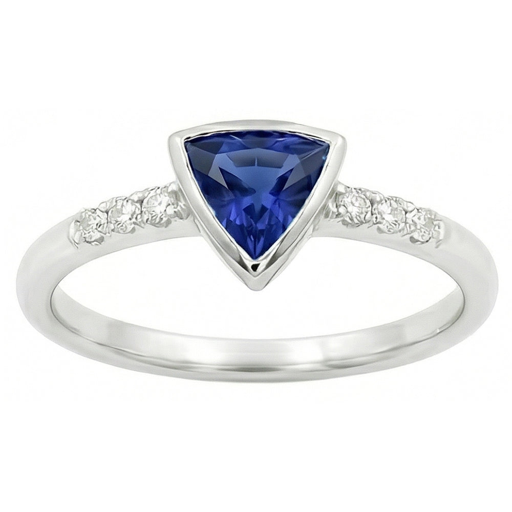 Small Round Natural Earth Mined Diamond Ring Trillion Bezel Set Blue Sapphire 0.75 Carats