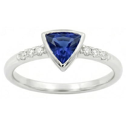 Small Round Natural Earth Mined Diamond Ring Trillion Bezel Set Blue Sapphire 0.75 Carats