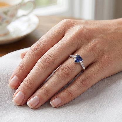 Small Round Natural Earth Mined Diamond Ring Trillion Bezel Set Blue Sapphire 0.75 Carats