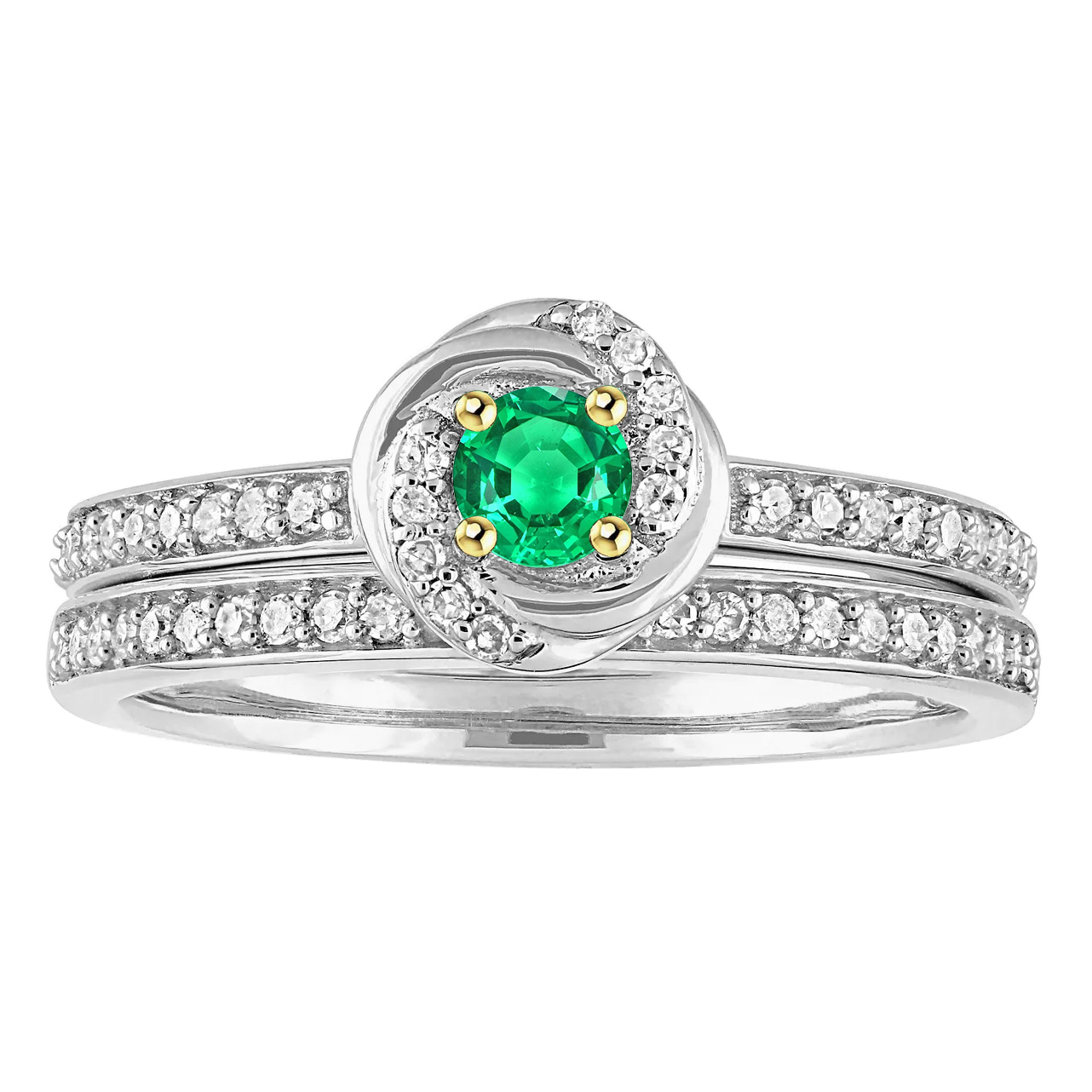 Small Gemstone Wedding Ring Set Green Emerald Round Diamonds