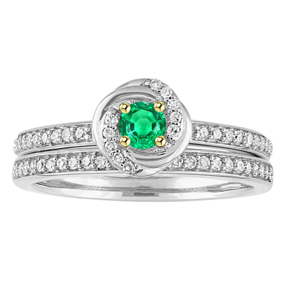 Small Gemstone Wedding Ring Set Green Emerald Round Diamonds