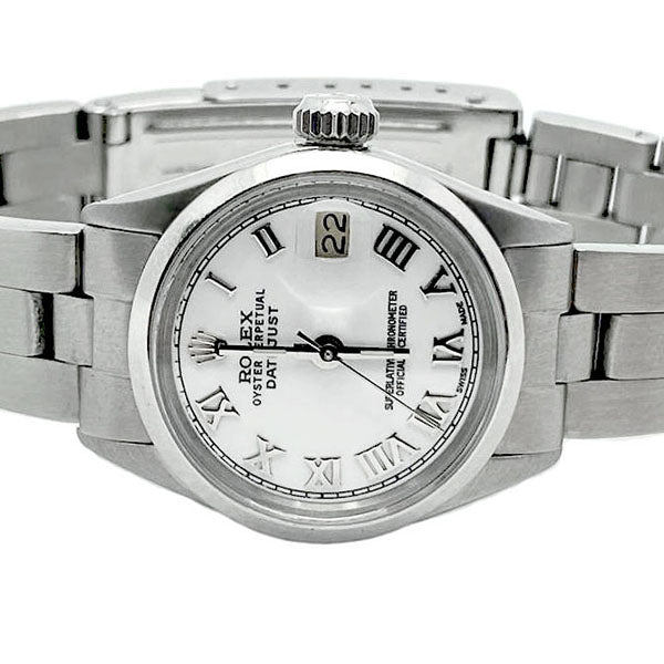 Smooth Bezel White Roman Dial Rolex Datejust Women Watch Ss Oyster