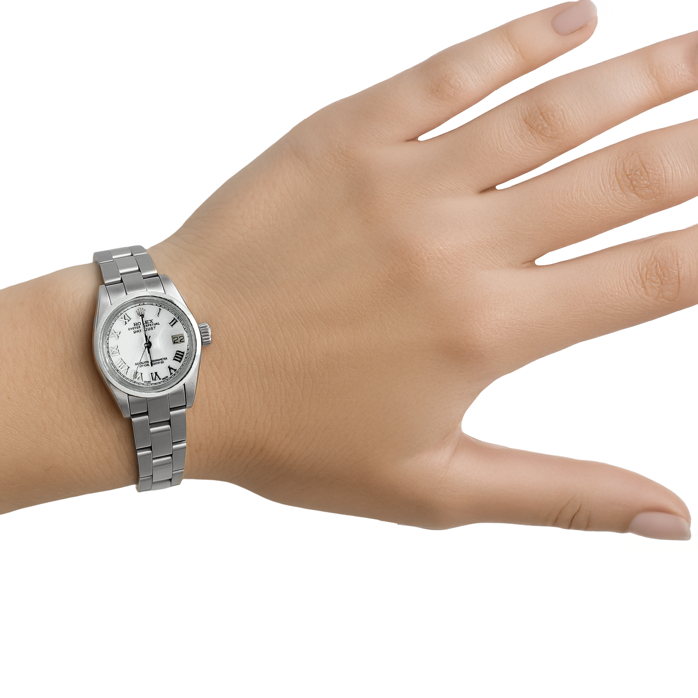 Smooth Bezel White Roman Dial Rolex Datejust Women Watch Ss Oyster