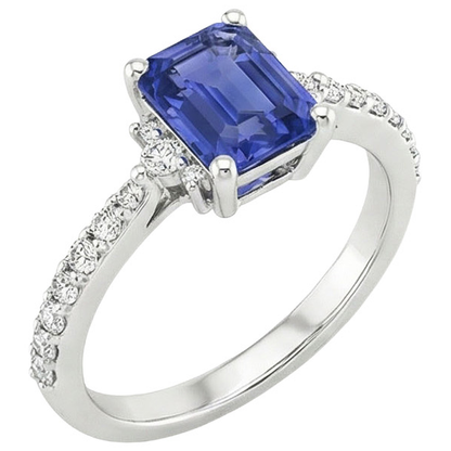 Solitaire Accents Ring Blue Sapphire & Natural Earth Mined Diamond 4 Carats Emerald Cut